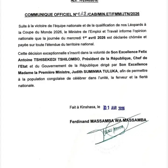 Qualification au Mondial 2026 : ce 1er avril, une journée chômée et payée décrétée en RDC.