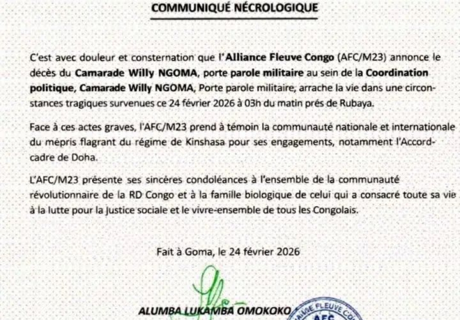 RDC : Willy NGOMA porte parole du mouvement rebelle AFC/M23 neutralisé à Rubaya par les FARDC.